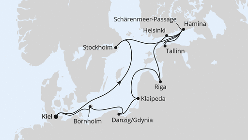 Routenverlauf für Schärengärten der Ostsee ab Kiel mit AIDAbella am 26.05.26 Routenverlauf für Schärengärten der Ostsee ab Kiel mit AIDAbella am 26.05.26