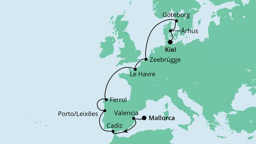 Routenverlauf für Von Mallorca nach Kiel mit AIDAbella am 04.05.20 Routenverlauf für Von Mallorca nach Kiel mit AIDAbella am 04.05.20