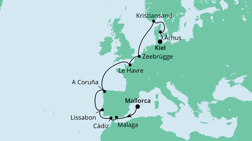 Routenverlauf für Von Mallorca nach Kiel mit AIDAbella am 02.05.22