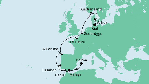 Routenverlauf für Von Mallorca nach Kiel mit AIDAbella am 01.05.23
