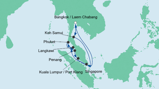 Routenverlauf für Thailand, Malaysia & Singapur 3 mit AIDAbella am 03.02.20