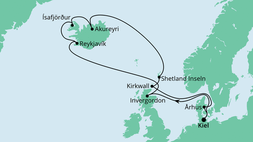 Routenverlauf für Nordische Inseln mit Island mit AIDAbella am 28.06.20