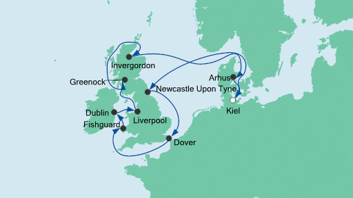 Routenverlauf für Großbritannien & Irland mit AIDAbella am 09.08.20