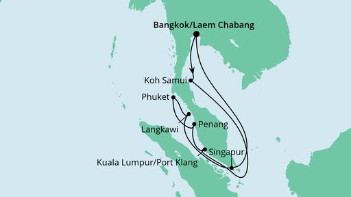 Routenverlauf für Thailand, Malaysia & Singapur 3 mit AIDAbella am 21.12.20 Routenverlauf für Thailand, Malaysia & Singapur 3 mit AIDAbella am 21.12.20