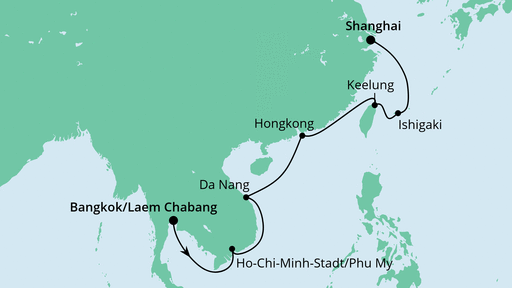 Routenverlauf für Von Bangkok nach Shanghai mit AIDAbella am 01.03.21