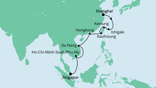 Routenverlauf für Von Shanghai nach Singapur mit AIDAbella am 15.03.21 Routenverlauf für Von Shanghai nach Singapur mit AIDAbella am 15.03.21