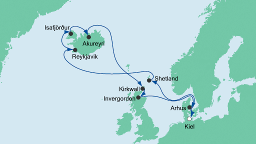 Routenverlauf für Nordische Inseln mit Island mit AIDAbella am 27.06.21 Routenverlauf für Nordische Inseln mit Island mit AIDAbella am 27.06.21