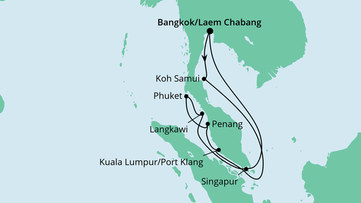 Routenverlauf für Thailand, Malaysia & Singapur mit AIDAbella am 22.11.21 Routenverlauf für Thailand, Malaysia & Singapur mit AIDAbella am 22.11.21