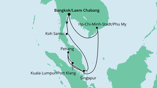 Routenverlauf für Thailand, Malaysia & Singapur mit AIDAbella am 31.01.22