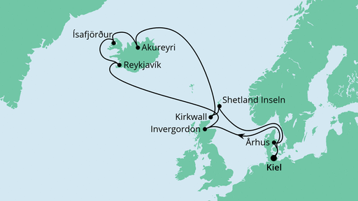 Routenverlauf für Nordische Inseln mit Island mit AIDAbella am 22.05.22 Routenverlauf für Nordische Inseln mit Island mit AIDAbella am 22.05.22