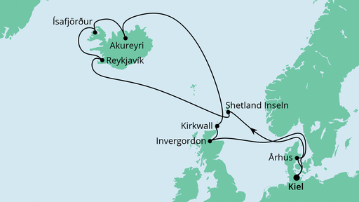 Routenverlauf für Nordische Inseln mit Island mit AIDAbella am 26.06.22 Routenverlauf für Nordische Inseln mit Island mit AIDAbella am 26.06.22