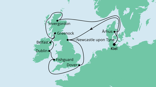 Routenverlauf für Großbritannien & Irland 2 mit AIDAbella am 07.08.22