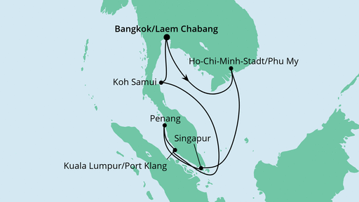 Routenverlauf für Thailand, Malaysia & Singapur mit AIDAbella am 26.12.22 Routenverlauf für Thailand, Malaysia & Singapur mit AIDAbella am 26.12.22