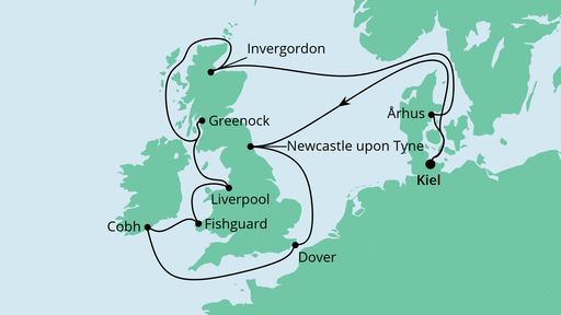 Routenverlauf für Großbritannien & Irland mit AIDAbella am 06.08.23