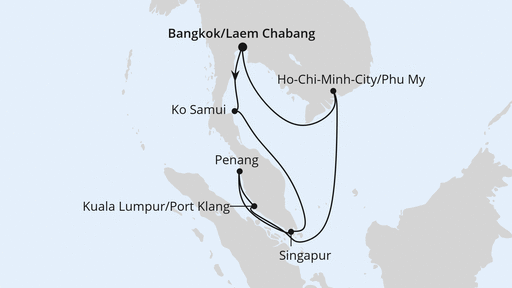 Routenverlauf für Thailand, Malaysia, Singapur & Vietnam mit AIDAbella am 20.11.23