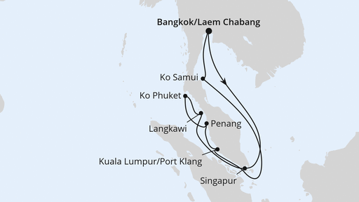 Routenverlauf für Thailand, Malaysia & Singapur mit AIDAbella am 04.12.23 Routenverlauf für Thailand, Malaysia & Singapur mit AIDAbella am 04.12.23