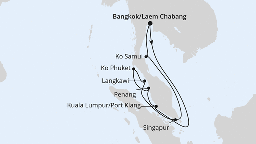 Routenverlauf für Thailand, Malaysia & Singapur mit AIDAbella am 12.02.24