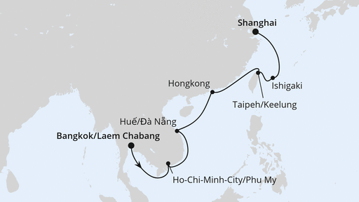 Routenverlauf für Von Bangkok nach Shanghai mit AIDAbella am 26.02.24 Routenverlauf für Von Bangkok nach Shanghai mit AIDAbella am 26.02.24