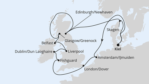 Routenverlauf für Großbritannien & Irland mit AIDAbella am 04.08.24