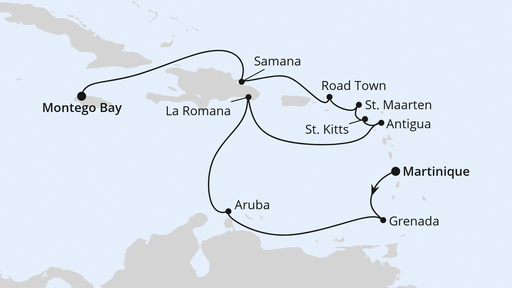 Routenverlauf für Karibische Inseln ab Martinique mit AIDAbella am 08.12.24
