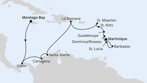 Routenverlauf für Mittelamerika & Karibik ab Jamaika mit AIDAbella am 19.01.25