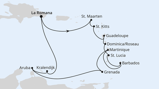 Routenverlauf für Karibische Inseln ab Dominikanische Republik mit AIDAbella am 25.01.25