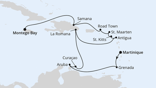 Routenverlauf für Karibische Inseln ab Martinique mit AIDAbella am 02.03.25