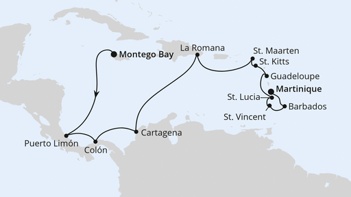 Routenverlauf für Mittelamerika & Karibik ab Jamaika mit AIDAbella am 16.03.25 Routenverlauf für Mittelamerika & Karibik ab Jamaika mit AIDAbella am 16.03.25