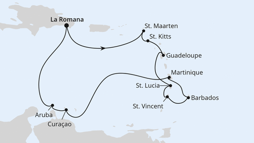 Routenverlauf für Karibische Inseln ab Dominikanische Republik mit AIDAbella am 22.03.25 Routenverlauf für Karibische Inseln ab Dominikanische Republik mit AIDAbella am 22.03.25
