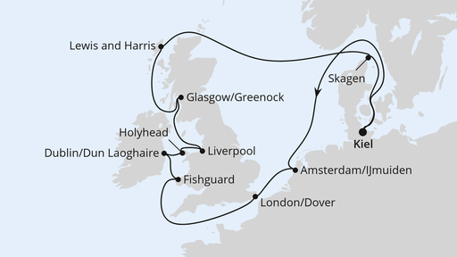 Routenverlauf für Großbritannien & Irland ab Kiel mit AIDAbella am 03.08.25 Routenverlauf für Großbritannien & Irland ab Kiel mit AIDAbella am 03.08.25