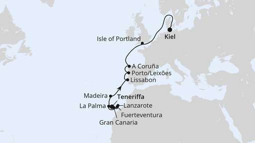 Routenverlauf für Europas Atlantikküste ab Teneriffa mit AIDAbella am 08.04.26