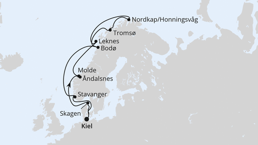 Routenverlauf für Norwegen mit Lofoten & Nordkap ab Kiel mit AIDAbella am 21.06.26