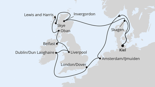 Routenverlauf für Großbritannien & Irland ab Kiel mit AIDAbella am 05.07.26 Routenverlauf für Großbritannien & Irland ab Kiel mit AIDAbella am 05.07.26