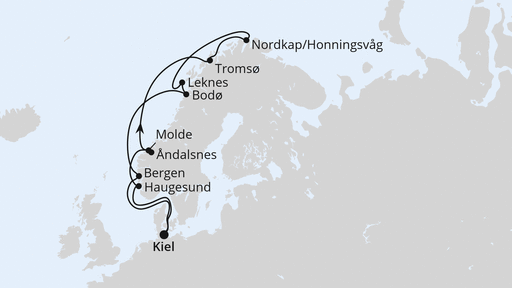 Routenverlauf für Norwegen mit Lofoten & Nordkap ab Kiel mit AIDAbella am 19.07.26