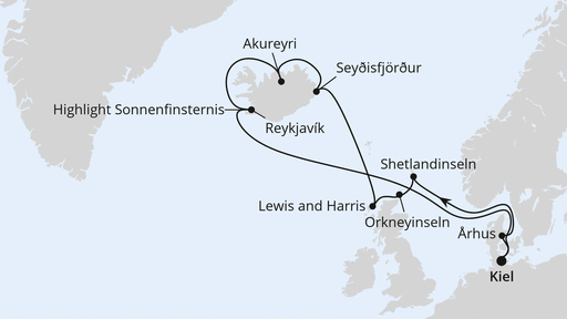 Routenverlauf für Schottland & Island mit Sonnenfinsternis ab Kiel mit AIDAbella am 02.08.26