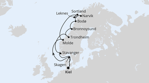 Routenverlauf für Norwegen mit Lofoten & Vesterålen ab Kiel mit AIDAbella am 16.08.26