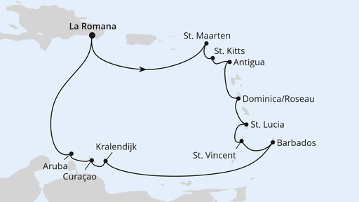 Routenverlauf für Karibische Inseln ab Dominikanische Republik 1 mit AIDAbella am 19.12.26