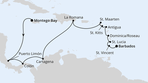 Routenverlauf für Mittelamerika & Karibik ab Jamaika mit AIDAbella am 24.01.27 Routenverlauf für Mittelamerika & Karibik ab Jamaika mit AIDAbella am 24.01.27
