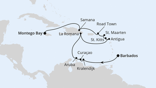 Routenverlauf für Karibische Inseln ab Barbados mit AIDAbella am 07.02.27 Routenverlauf für Karibische Inseln ab Barbados mit AIDAbella am 07.02.27