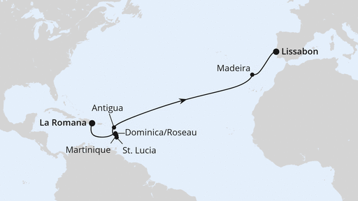Routenverlauf für Von der Dominikanischen Republik nach Lissabon 2 mit AIDAbella am 03.04.27 Routenverlauf für Von der Dominikanischen Republik nach Lissabon 2 mit AIDAbella am 03.04.27
