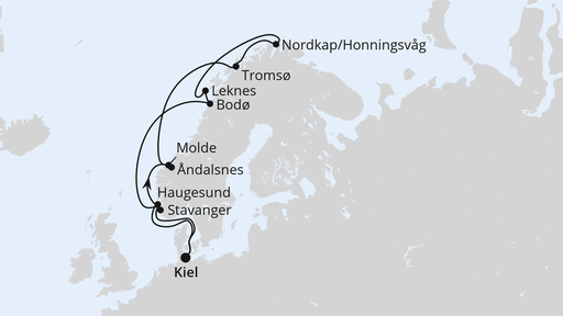 Routenverlauf für Norwegen mit Lofoten & Nordkap ab Kiel mit AIDAbella am 13.06.27