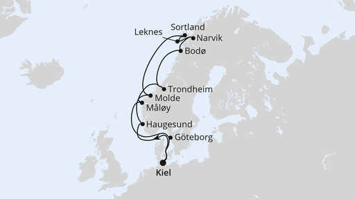 Routenverlauf für Norwegen mit Lofoten & Vesterålen ab Kiel mit AIDAbella am 27.06.27