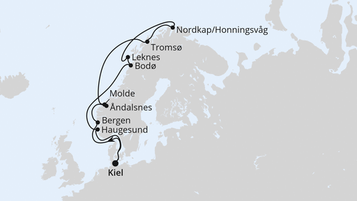 Routenverlauf für Norwegen mit Lofoten & Nordkap ab Kiel mit AIDAbella am 11.07.27
