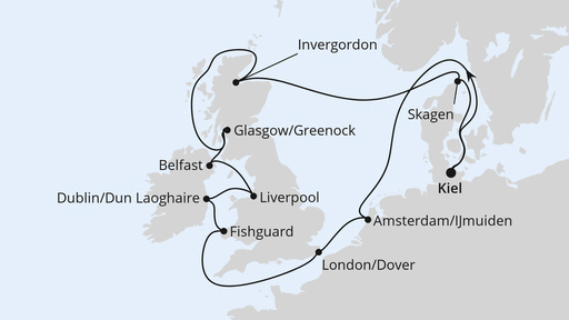 Routenverlauf für Großbritannien & Irland ab Kiel mit AIDAbella am 25.07.27 Routenverlauf für Großbritannien & Irland ab Kiel mit AIDAbella am 25.07.27