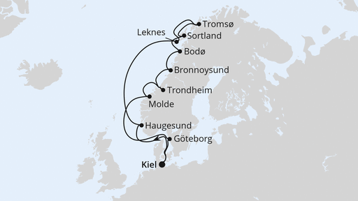 Routenverlauf für Herbstliche Nordlichter ab Kiel mit AIDAbella am 10.10.27 Routenverlauf für Herbstliche Nordlichter ab Kiel mit AIDAbella am 10.10.27