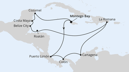 Routenverlauf für Mittelamerika & Mexiko ab Jamaika mit AIDAbella am 02.01.28