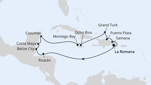 Routenverlauf für Mexiko & Karibik ab Dominikanische Republik mit AIDAbella am 08.01.28