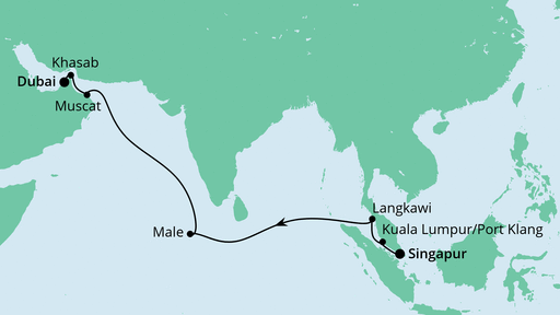 Routenverlauf für Von Singapur nach Dubai mit AIDAbella am 06.03.23 Routenverlauf für Von Singapur nach Dubai mit AIDAbella am 06.03.23