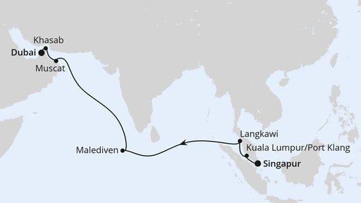 Routenverlauf für Von Singapur nach Dubai mit AIDAbella am 01.04.24 Routenverlauf für Von Singapur nach Dubai mit AIDAbella am 01.04.24