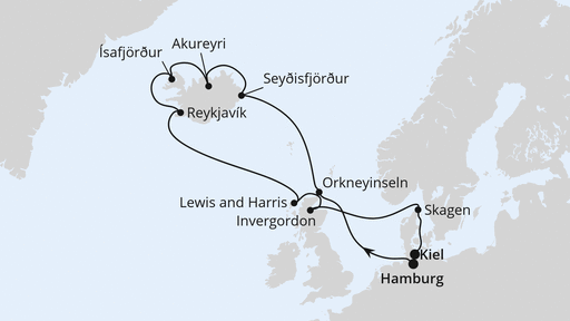 Routenverlauf für Nordische Inseln mit Island mit AIDAbella am 11.05.24 Routenverlauf für Nordische Inseln mit Island mit AIDAbella am 11.05.24
